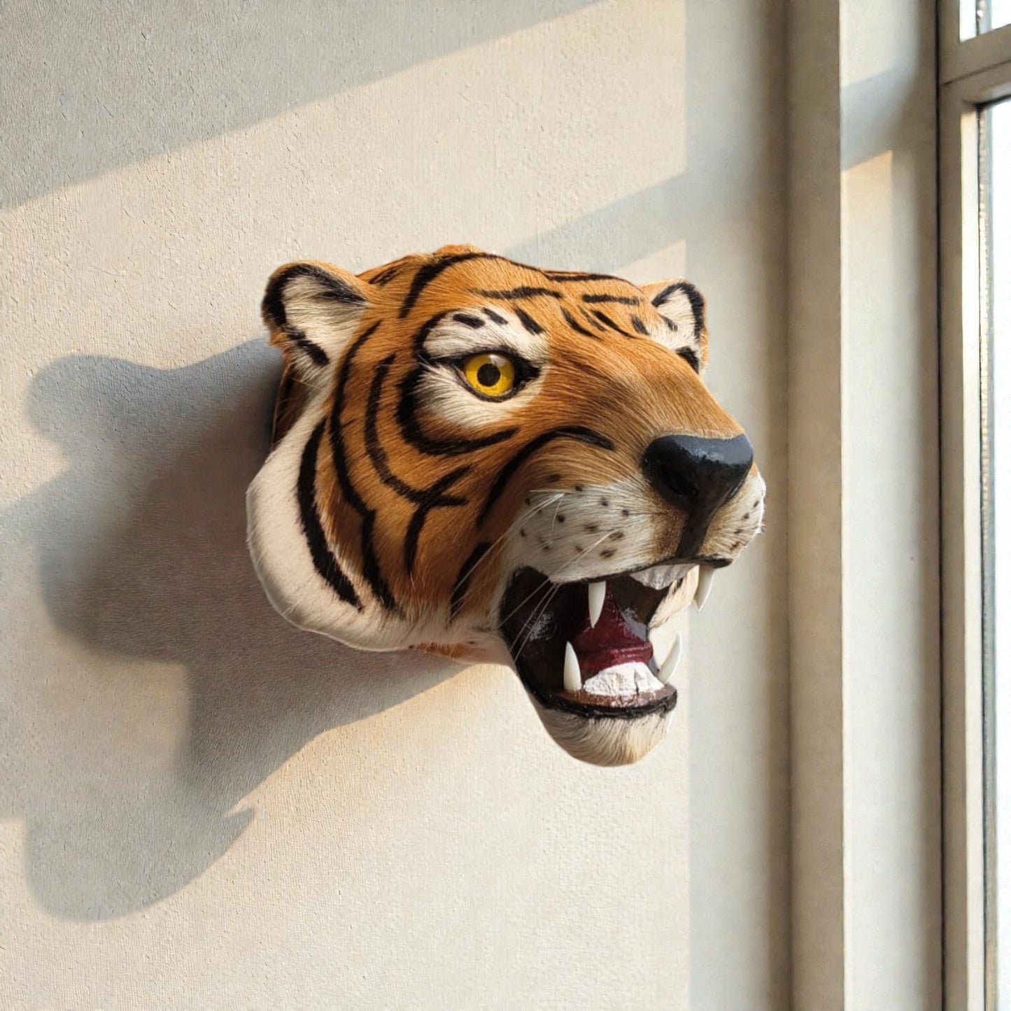 Tiger Head Wall Hanging Deer Head With A Coat Of Brown Fur Showpiece | 11 "Inch | Premium Decor | Yellow Feather & Wood & Iron (11'X11'X11' Inch's ))