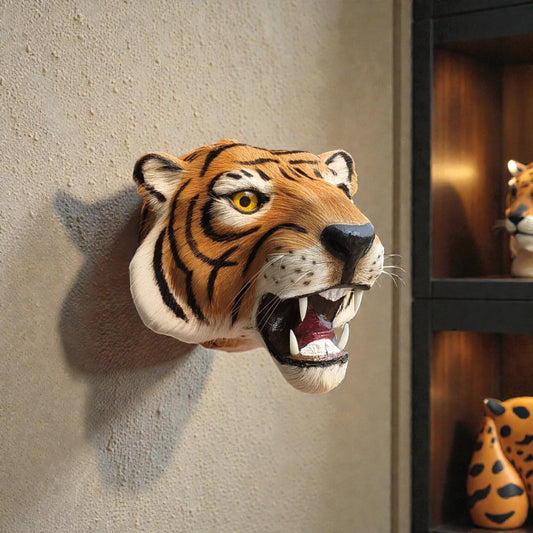 Tiger Head Wall Hanging Deer Head With A Coat Of Brown Fur Showpiece | 11 "Inch | Premium Decor | Yellow Feather & Wood & Iron (11'X11'X11' Inch's ))