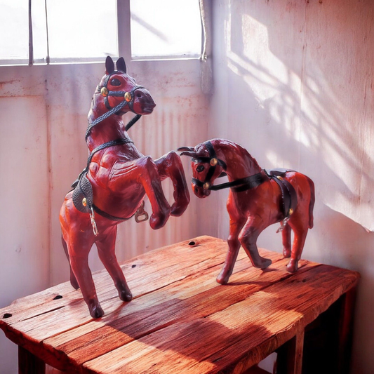 VMSK HandiCrafts Shivaji & Rearing Horse Pair | Set of 2 | Leather | 6” Inch Each | Decorative Showpieces