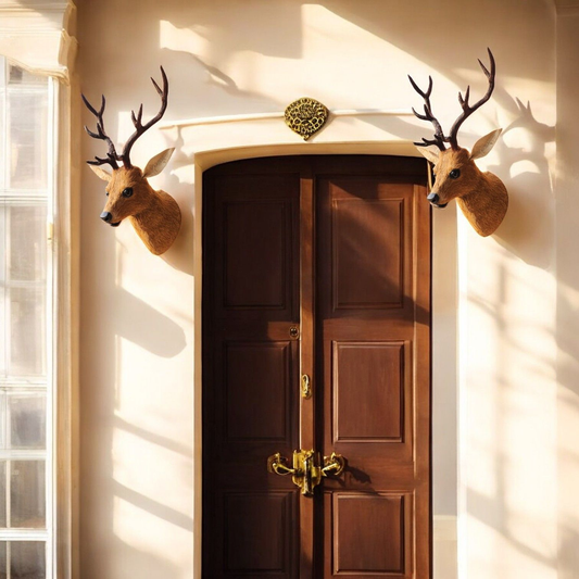 VMSK HandiCraft Barasingha Deer Head with Fur | Set of 2 | 18" Premium Wall Showpiece