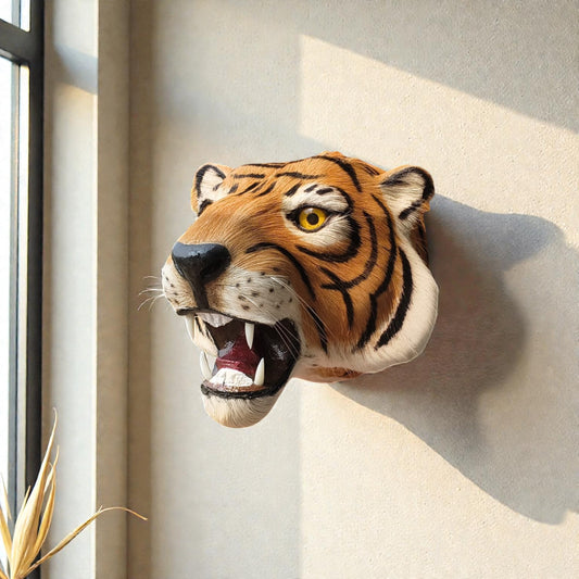Tiger Head Wall Hanging Deer Head With A Coat Of Brown Fur Showpiece | 11 "Inch | Premium Decor | Yellow Feather & Wood & Iron (11'X11'X11' Inch's ))