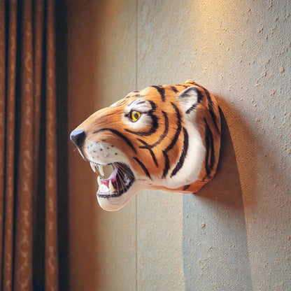 Tiger Head Wall Hanging Deer Head With A Coat Of Brown Fur Showpiece | 11 "Inch | Premium Decor | Yellow Feather & Wood & Iron (11'X11'X11' Inch's ))