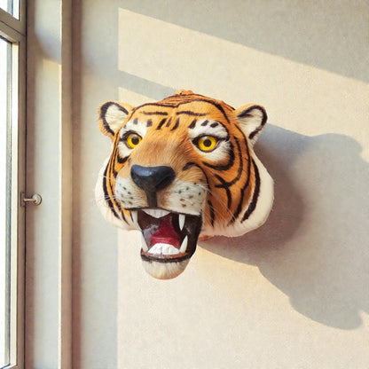 Tiger Head Wall Hanging Deer Head With A Coat Of Brown Fur Showpiece | 11 "Inch | Premium Decor | Yellow Feather & Wood & Iron (11'X11'X11' Inch's ))