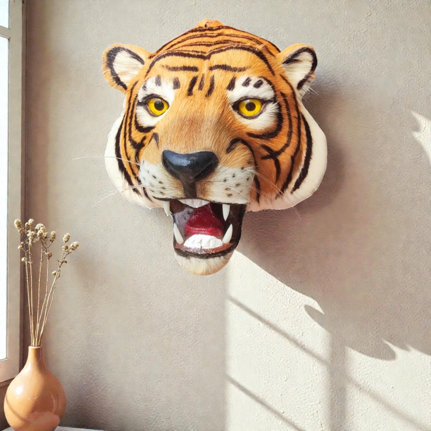 Tiger Head Wall Hanging Deer Head With A Coat Of Brown Fur Showpiece | 11 "Inch | Premium Decor | Yellow Feather & Wood & Iron (11'X11'X11' Inch's ))