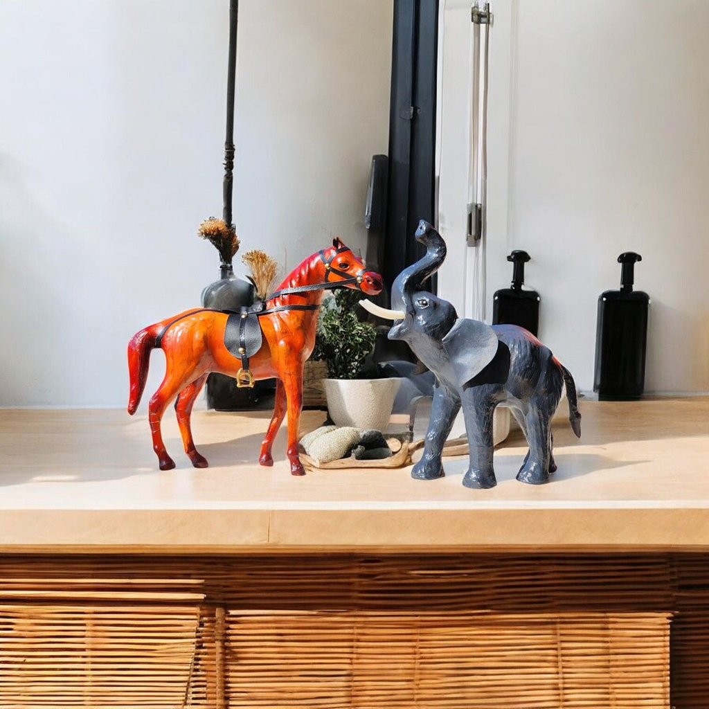 VMSK HandiCraft Elephant & Standing Horse Set | 12” Inch's Each | Brown | Decorative Showpieces