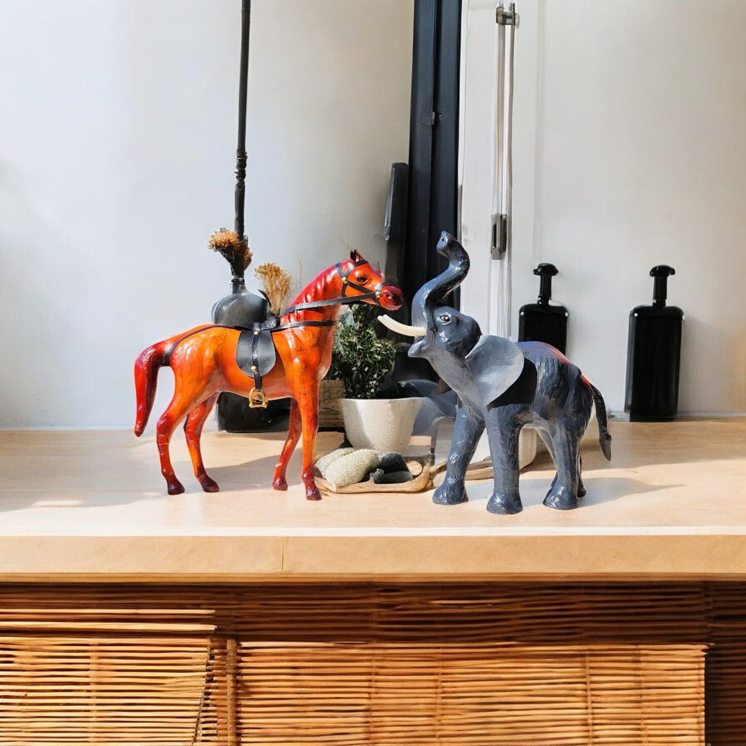 VMSK HandiCraft Elephant & Standing Horse Set | 12” Inch's Each | Brown | Decorative Showpieces