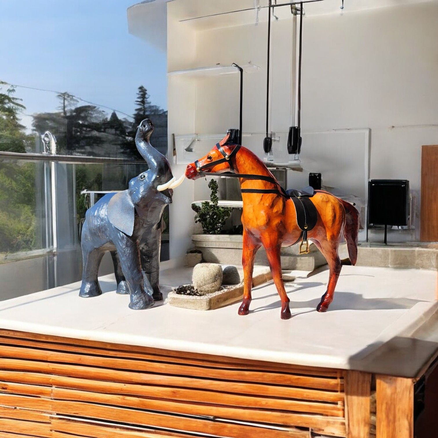 VMSK HandiCraft Elephant & Standing Horse Set | 12” Inch's Each | Brown | Decorative Showpieces