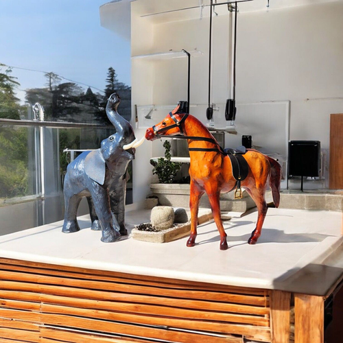 VMSK HandiCraft Elephant & Standing Horse Set | 12” Inch's Each | Brown | Decorative Showpieces