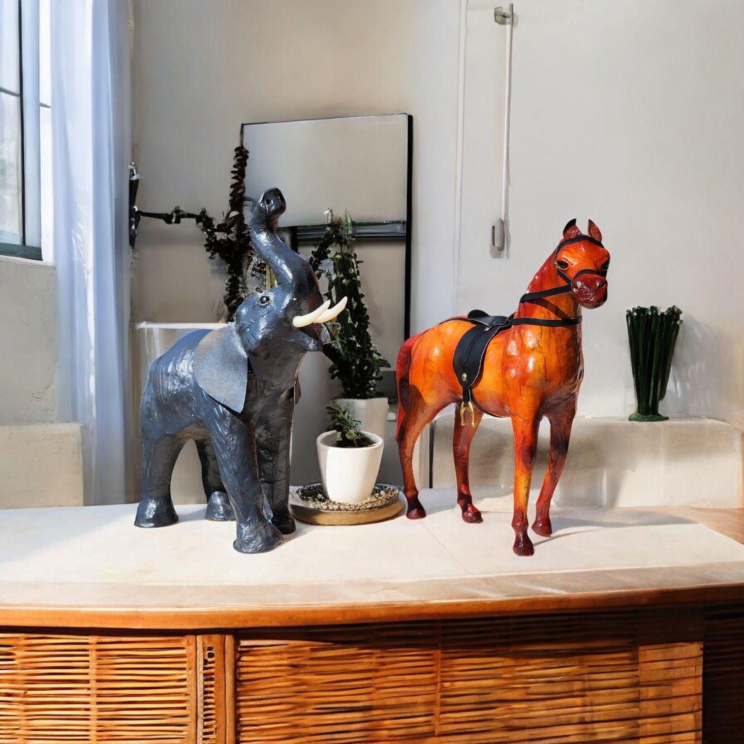 VMSK HandiCraft Elephant & Standing Horse Set | 12” Inch's Each | Brown | Decorative Showpieces