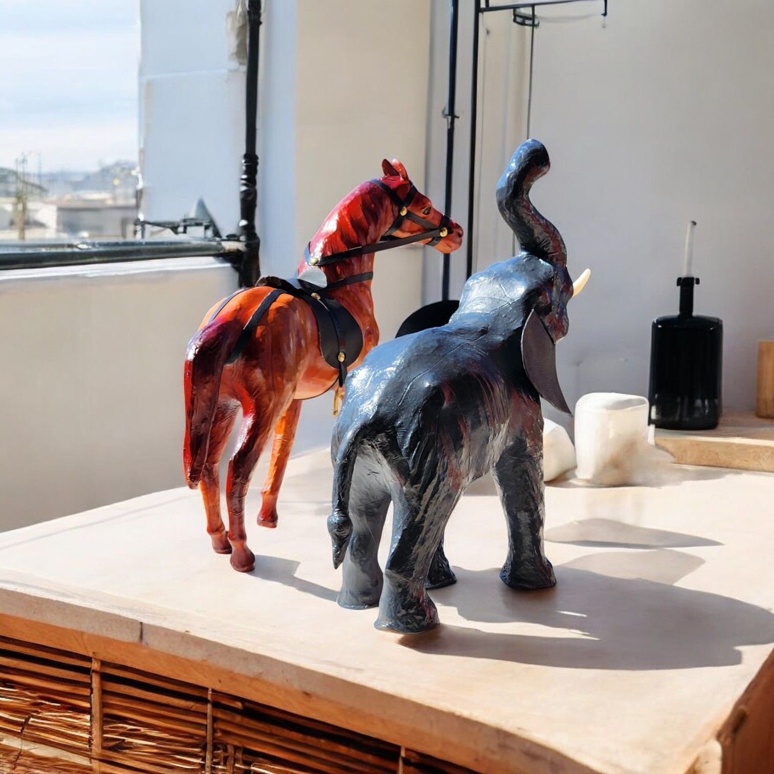VMSK HandiCraft Elephant & Standing Horse Set | 12” Inch's Each | Brown | Decorative Showpieces