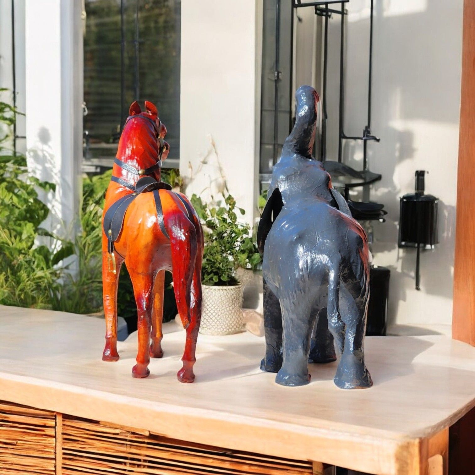 VMSK HandiCraft Elephant & Standing Horse Set | 12” Inch's Each | Brown | Decorative Showpieces