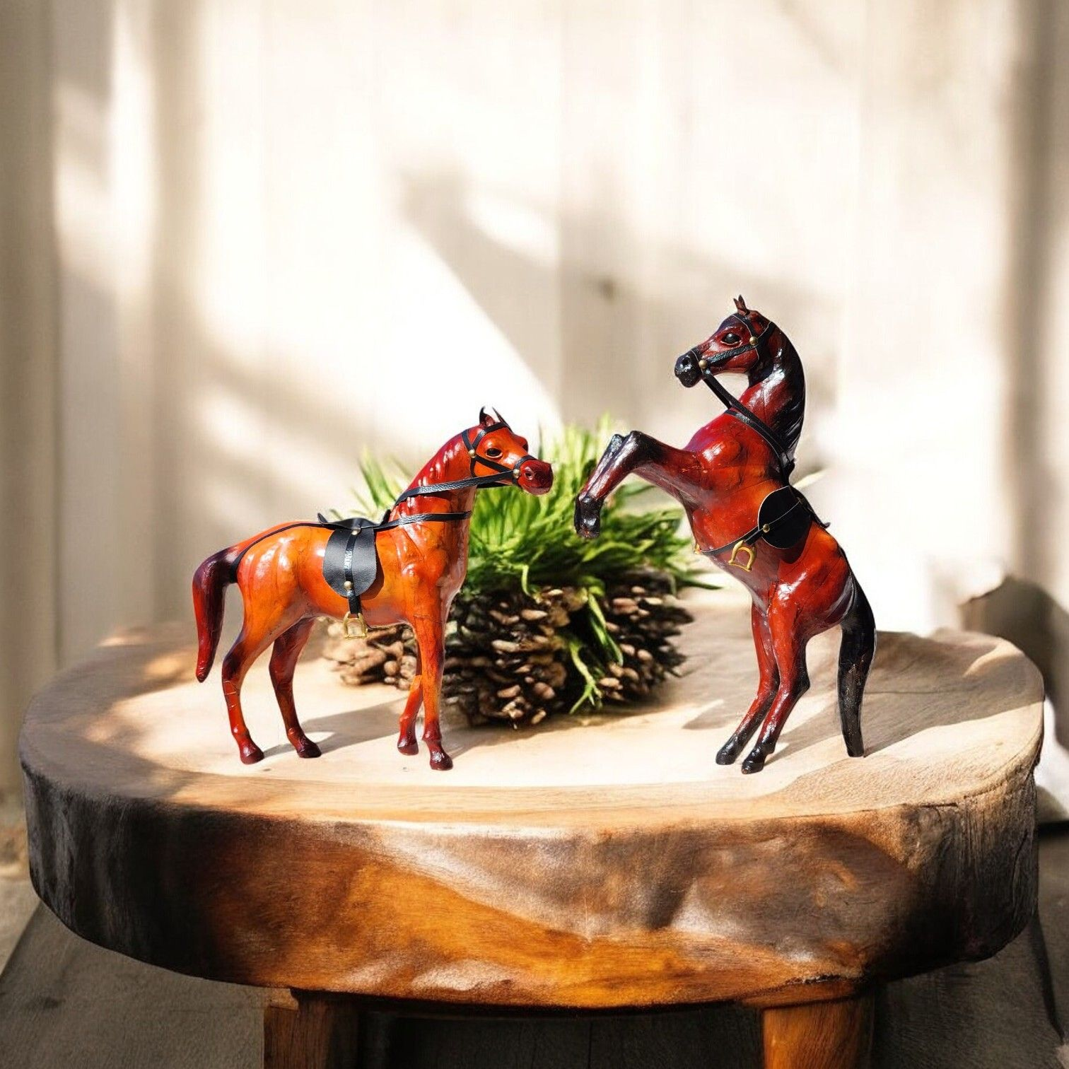 VMSK HandiCraft Jumping & Standing Horse | 12” Inch Each | Brown | Decorative Showpiece