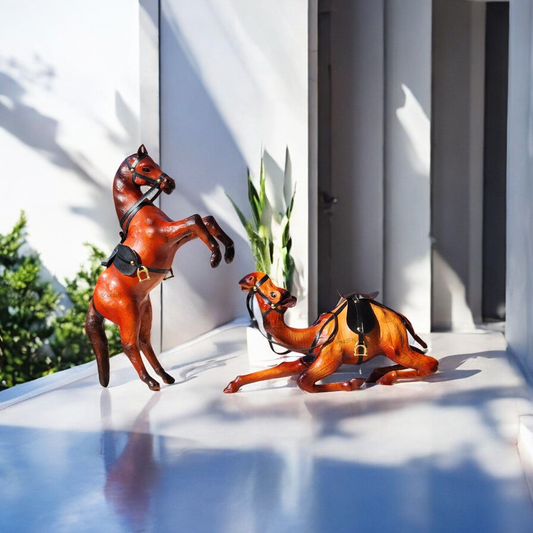 VMSK HandiCraft Sitting Camel & Rearing Horse Set | 12” Inch's Each | Brown | Decorative Showpiece