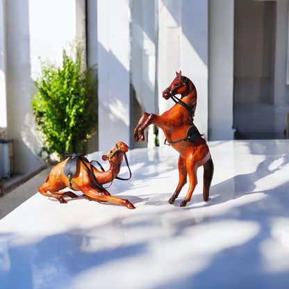 VMSK HandiCraft Sitting Camel & Rearing Horse Set | 12” Inch's Each | Brown | Decorative Showpiece