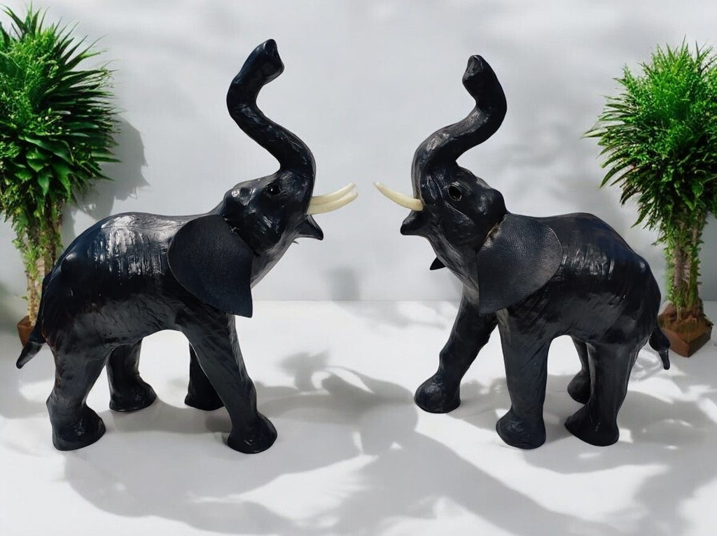 VMSK HandiCrafts | Elephant Showpiece | Set Of 2 | Leather | 12” Inch | Dark Grey & Black| Decorative Showpiece