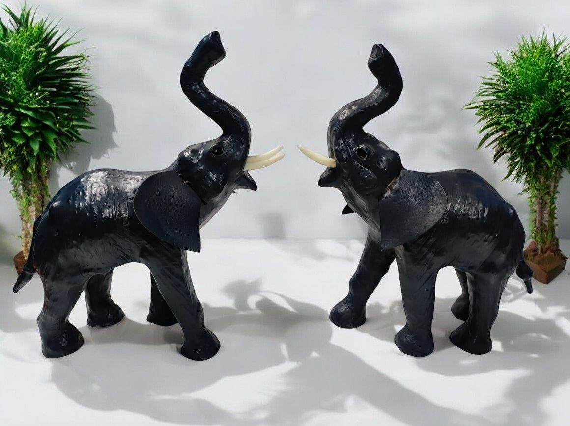 VMSK HandiCrafts | Elephant Showpiece | Set Of 2 | Leather | 12” Inch | Dark Grey & Black| Decorative Showpiece