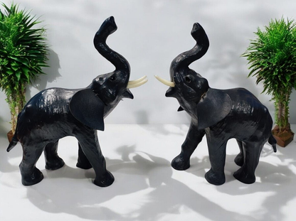 VMSK HandiCrafts | Elephant Showpiece | Set Of 2 | Leather | 12” Inch | Dark Grey & Black| Decorative Showpiece