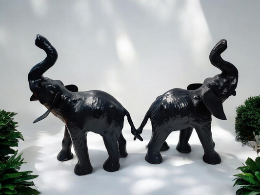 VMSK HandiCrafts | Elephant Showpiece | Set Of 2 | Leather | 12” Inch | Dark Grey & Black| Decorative Showpiece