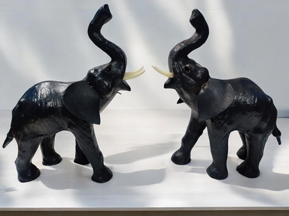 VMSK HandiCrafts | Elephant Showpiece | Set Of 2 | Leather | 12” Inch | Dark Grey & Black| Decorative Showpiece