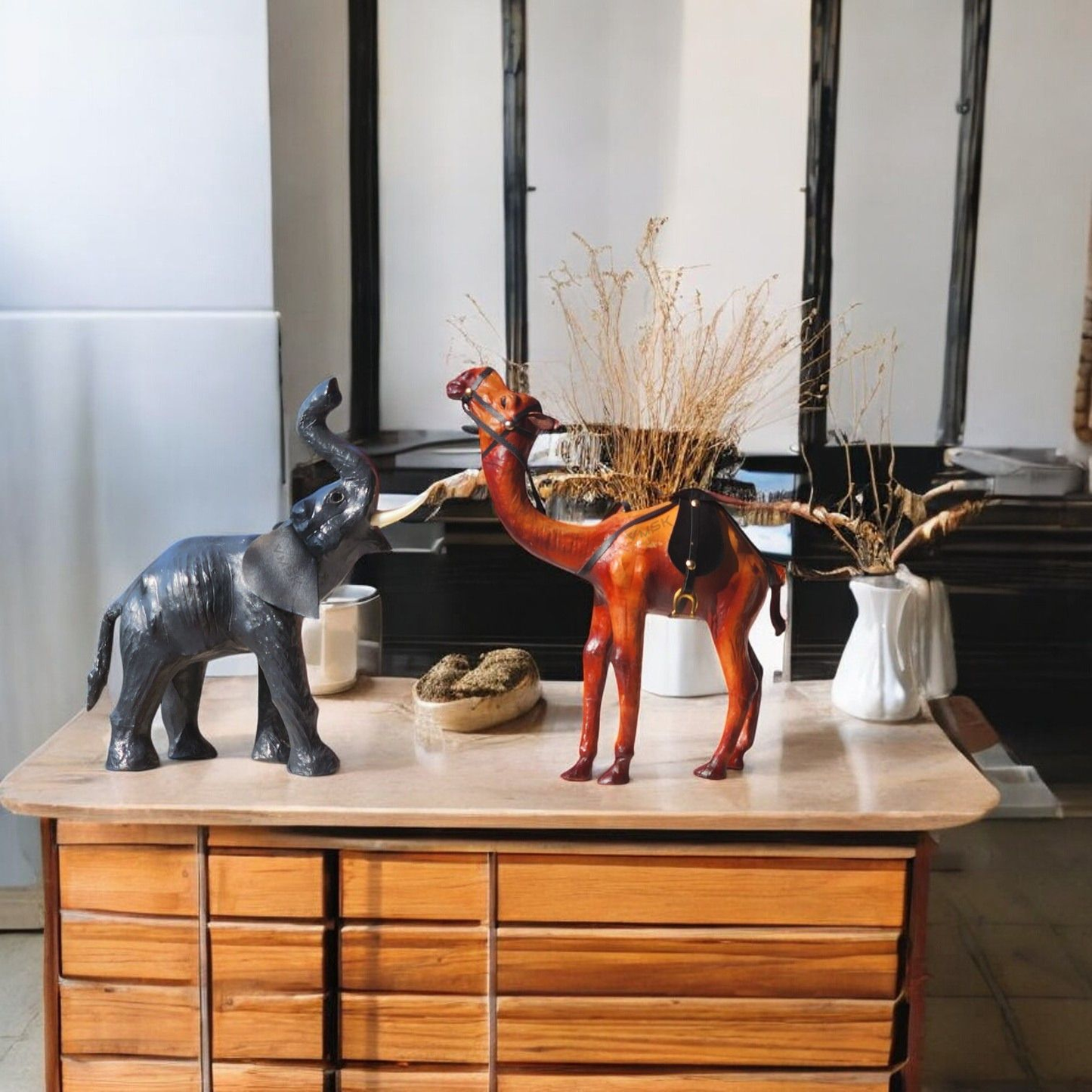 VMSK HandiCraft Standing Camel & Elephant Showpiece Set | 12” Inch's Each | Brown | Decorative Showpiece