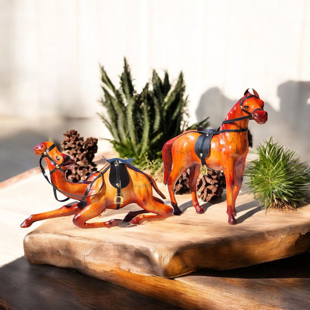 VMSK HandiCraft Sitting Camel & Standing Horse Set | 12” Inch's Each | Brown | Decorative Showpieces