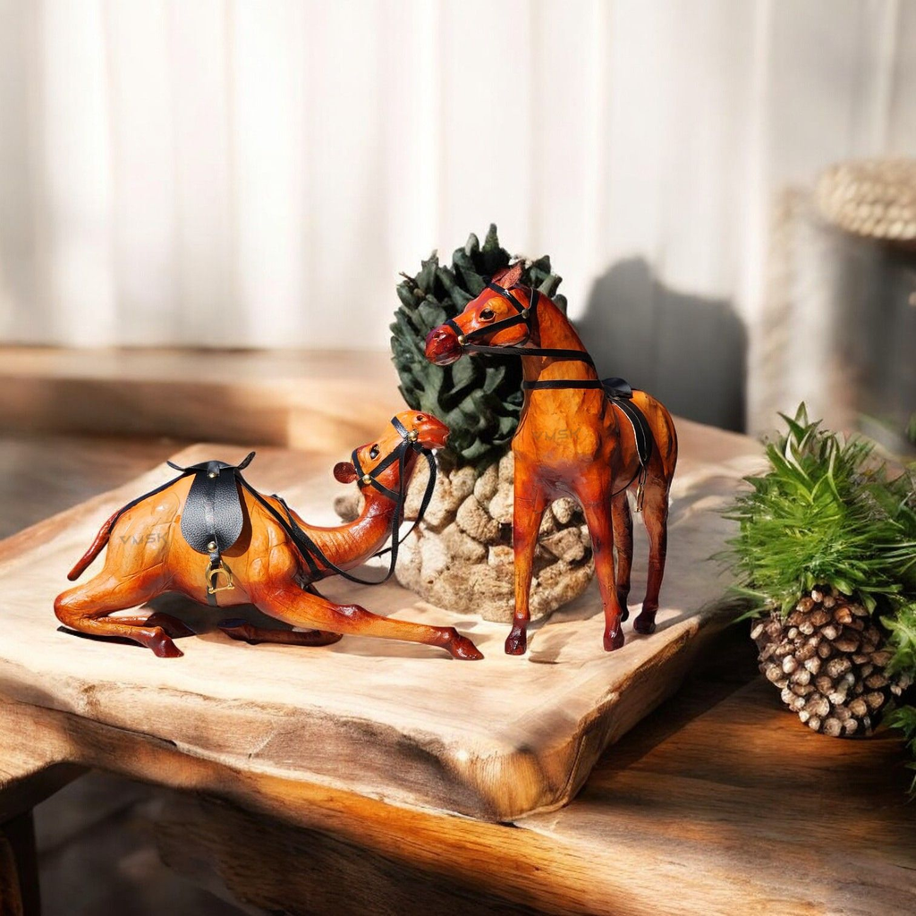 VMSK HandiCraft Sitting Camel & Standing Horse Set | 12” Inch's Each | Brown | Decorative Showpieces