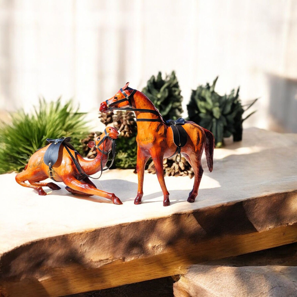 VMSK HandiCraft Sitting Camel & Standing Horse Set | 12” Inch's Each | Brown | Decorative Showpieces