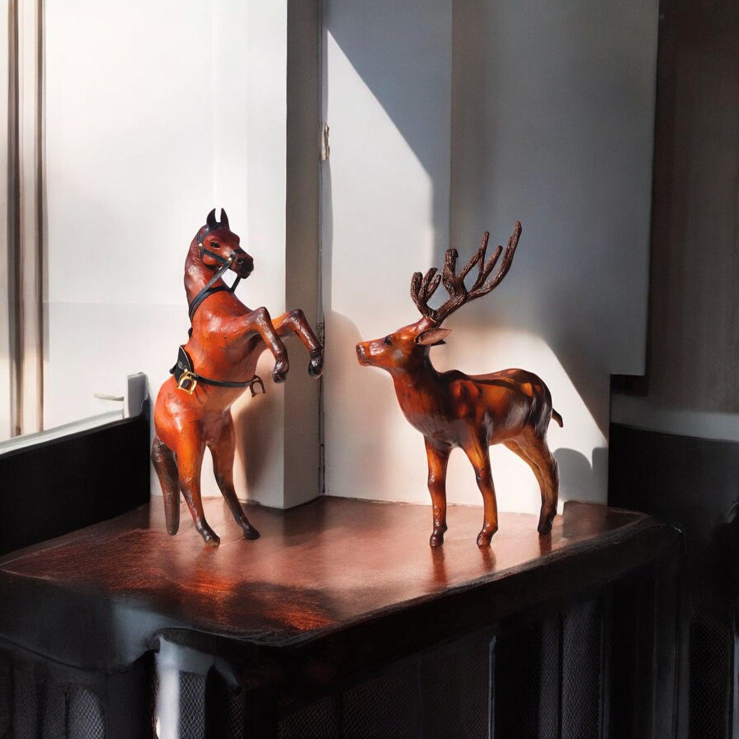 VMSK HandiCraft Barasingha Deer & Rearing Horse Set | 12” Inch's Each | Brown | Decorative Showpieces