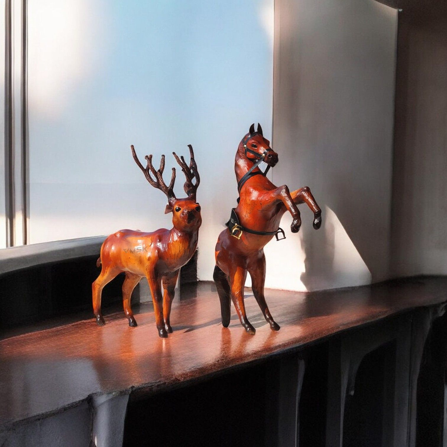 VMSK HandiCraft Barasingha Deer & Rearing Horse Set | 12” Inch's Each | Brown | Decorative Showpieces