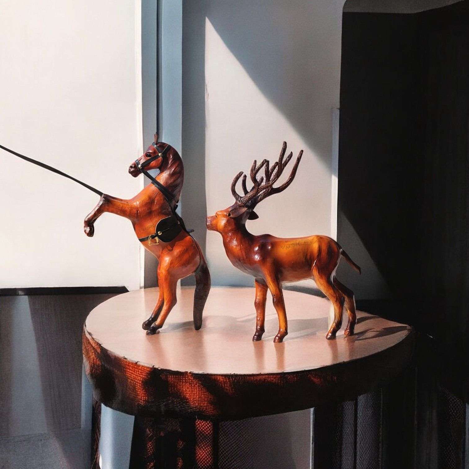 VMSK HandiCraft Barasingha Deer & Rearing Horse Set | 12” Inch's Each | Brown | Decorative Showpieces