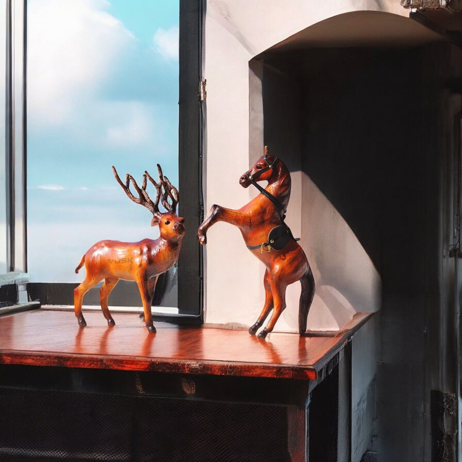 VMSK HandiCraft Barasingha Deer & Rearing Horse Set | 12” Inch's Each | Brown | Decorative Showpieces