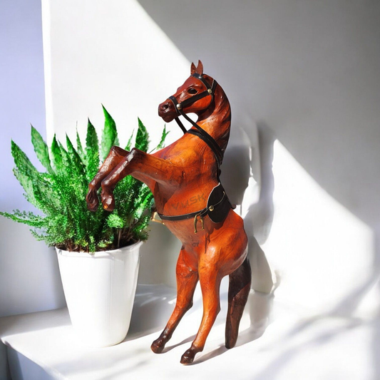 VMSK HandiCrafts Rearing Horse | Leather | 12” Inch | Brown | Decorative Showpiece