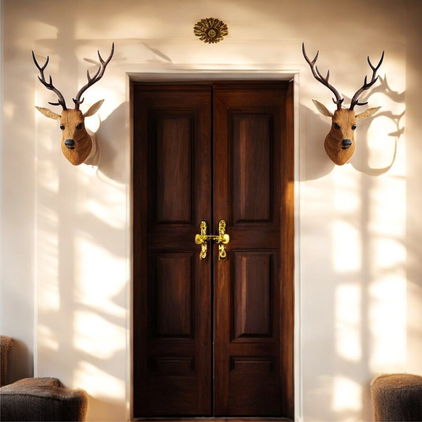 VMSK HandiCraft Barasingha Deer Head with Fur | Set of 2 | 18" Premium Wall Showpiece