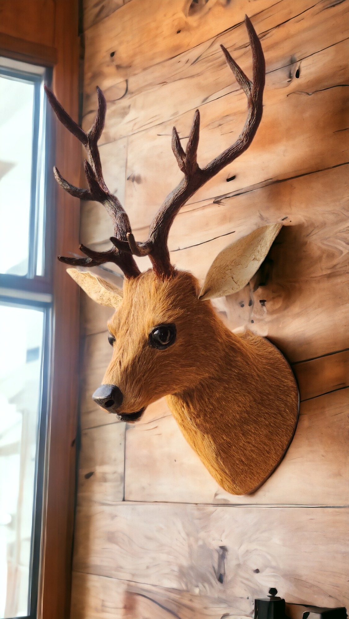 VMSK HandiCrafts Fur Barasingha Wall Hanging Deer Head With a Coat of Brown Fur | 18"Inch | Premium Wall Decorative Showpiece - 15 cm (Feather, Wood, Iron, Brown)
