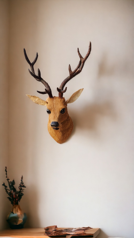 VMSK HandiCrafts Fur Barasingha Wall Hanging Deer Head With a Coat of Brown Fur | 18"Inch | Premium Wall Decorative Showpiece - 15 cm (Feather, Wood, Iron, Brown)