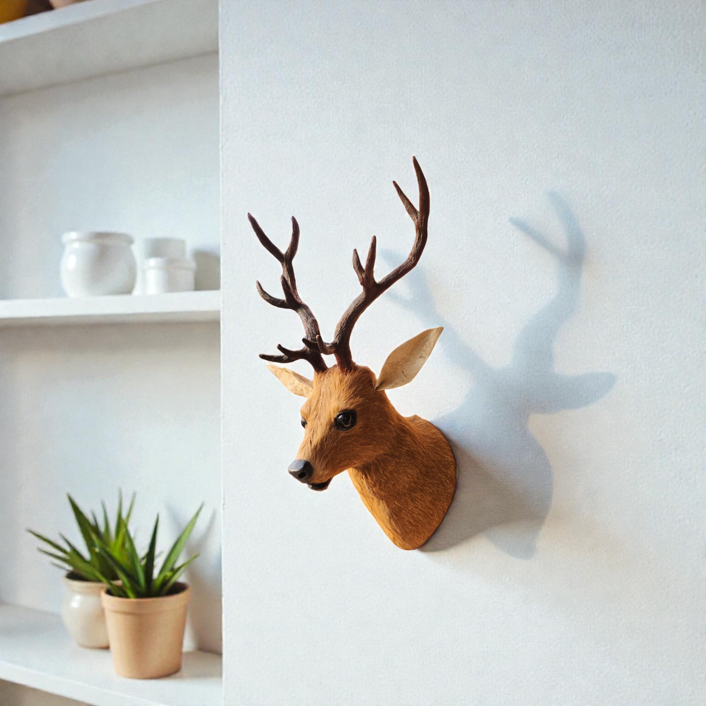 VMSK HandiCrafts Fur Barasingha Wall Hanging Deer Head With a Coat of Brown Fur | 18"Inch | Premium Wall Decorative Showpiece - 15 cm (Feather, Wood, Iron, Brown)