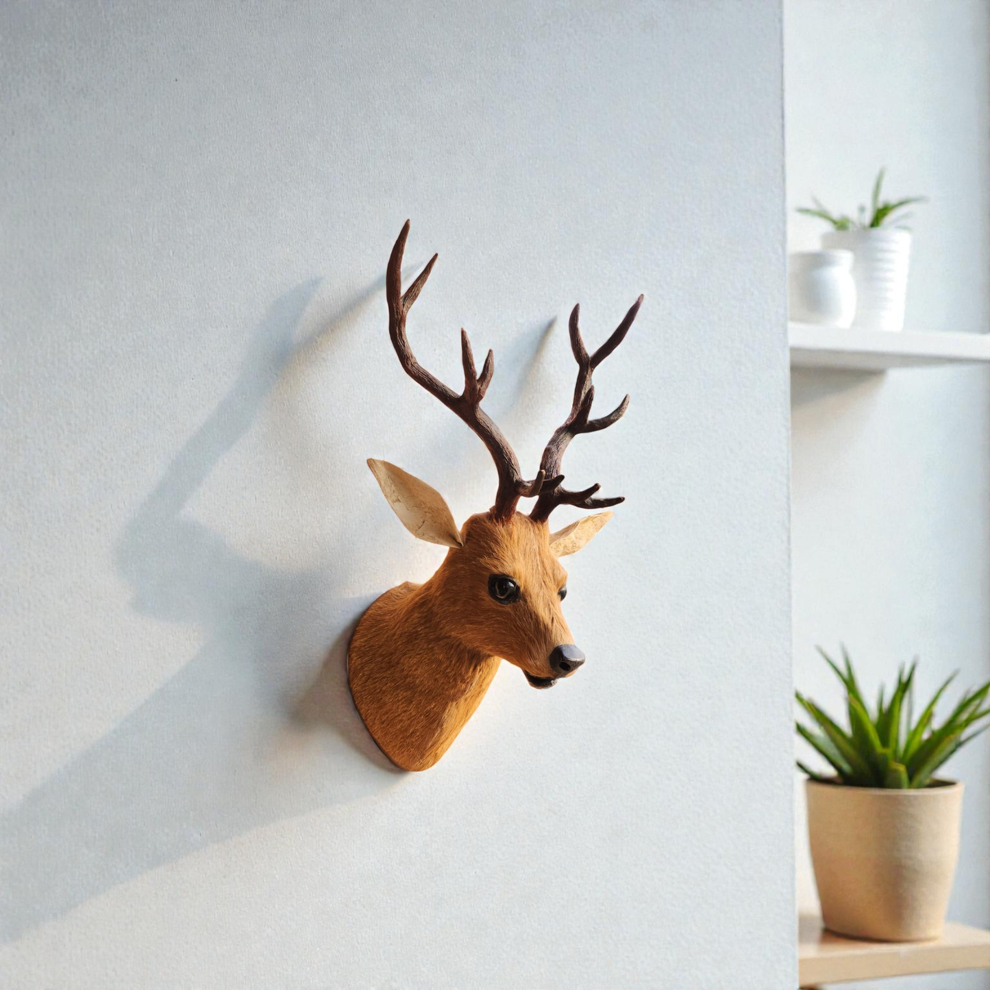 VMSK HandiCrafts Fur Barasingha Wall Hanging Deer Head With a Coat of Brown Fur | 18"Inch | Premium Wall Decorative Showpiece - 15 cm (Feather, Wood, Iron, Brown)